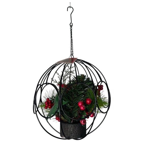 9" Hanging Ball With Artificial Pine & Berry Arrangement In Black Metal Cage Des - Picture 1 of 11